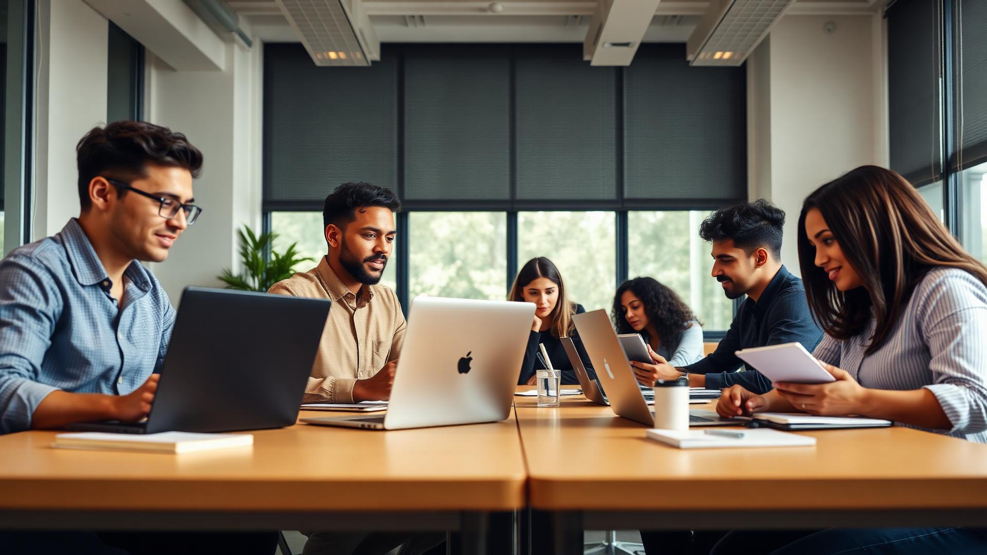 Professional adult students preparing together for online proctored certification exams in a bright modern study space