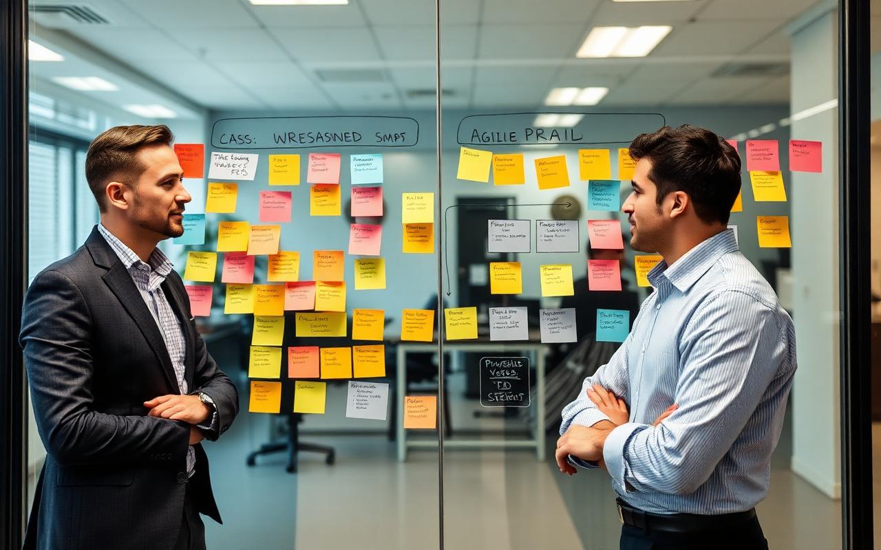 Two project managers discussing agile and structured methodologies at a glass wall of sticky notes.