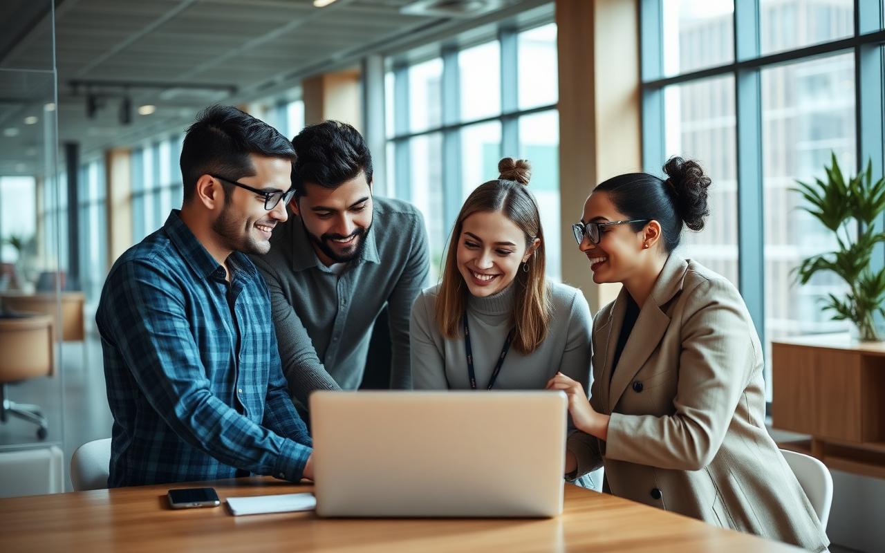 Small business team collaborating around a laptop showing an AI project management dashboard.