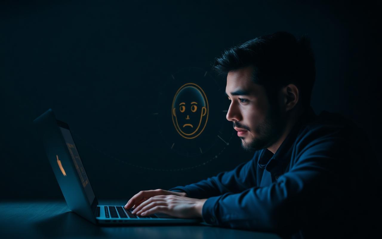 Candidate at a laptop with a subtle facial recognition overlay representing AI proctoring.