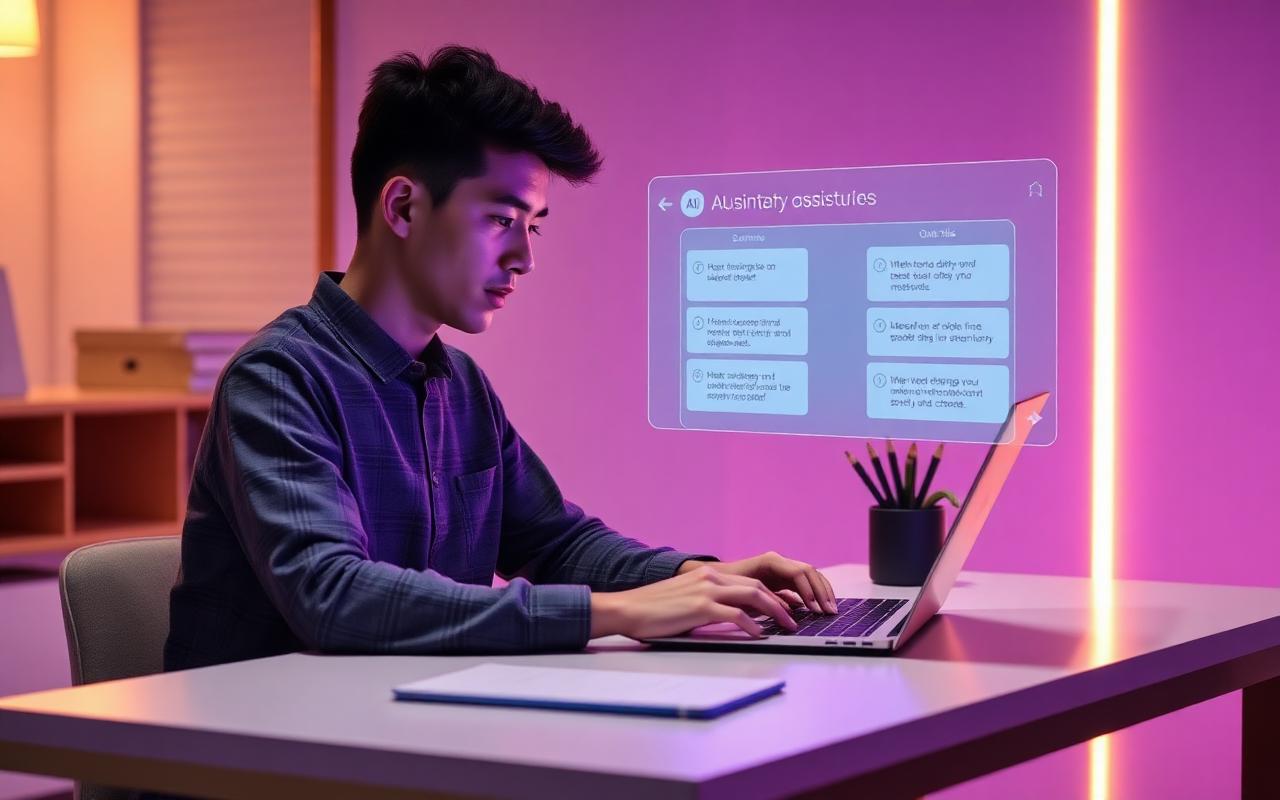 Student using an AI assistant to study certification material at a modern desk.