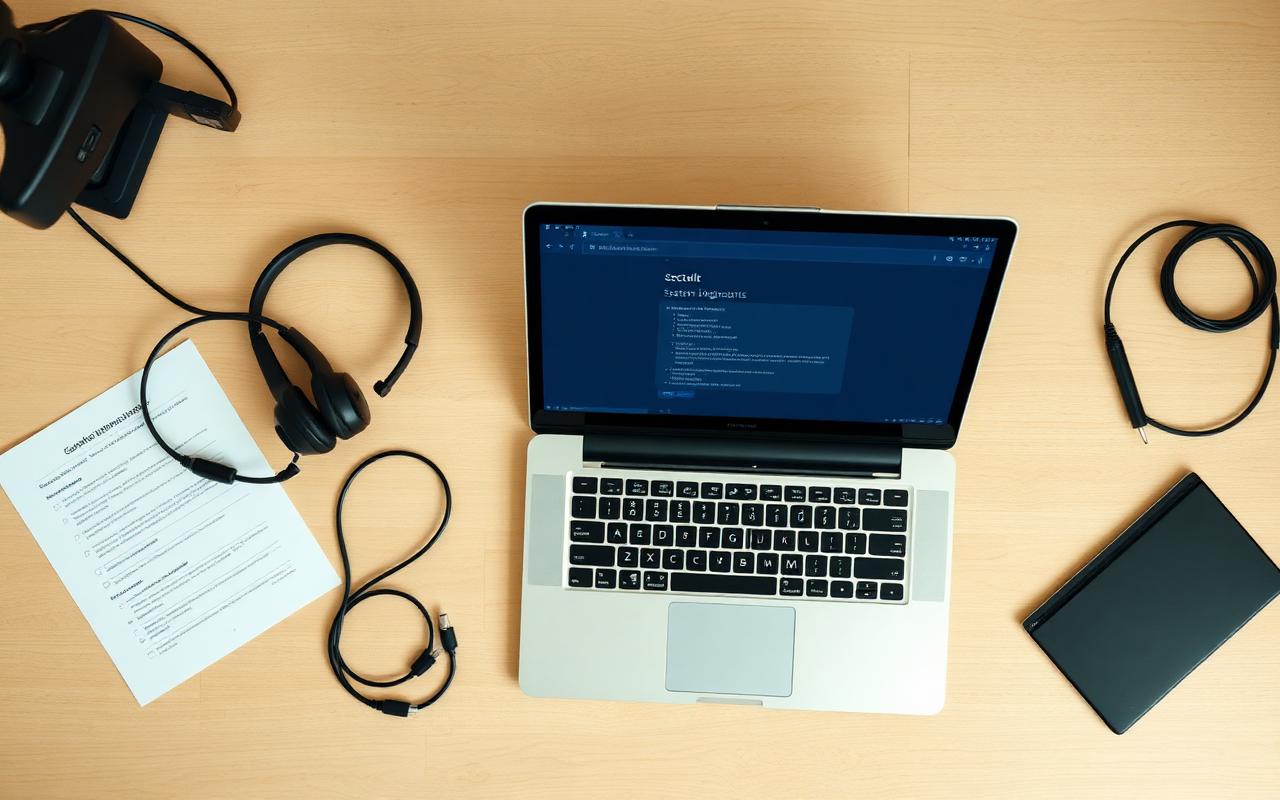Overhead view of a laptop, webcam, headset, ethernet cable, and checklist on a light wood desk.