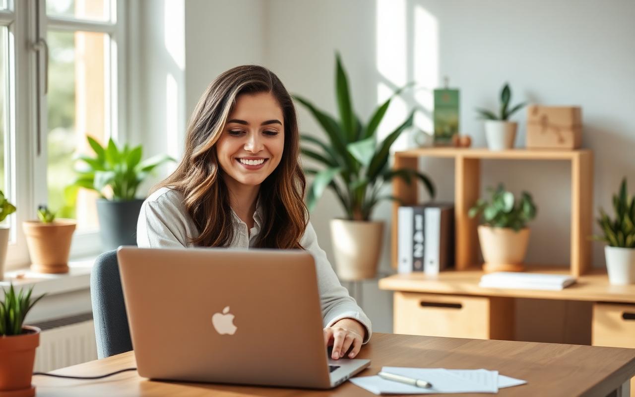 Confident adult candidate smiling gently at a laptop in a bright home office.
