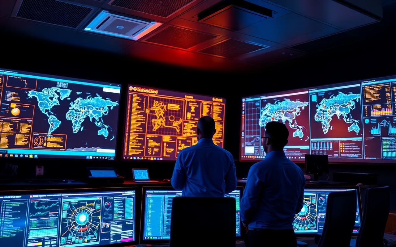 Cybersecurity leadership briefing inside a modern security operations center.
