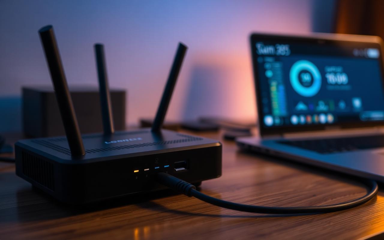Modern wifi router next to a laptop showing a network speed test.