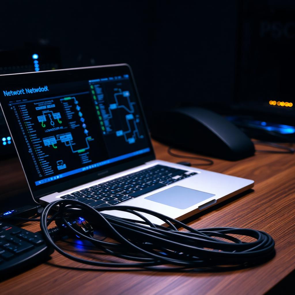 Network engineer workstation with topology diagram for Cisco CCNA study.