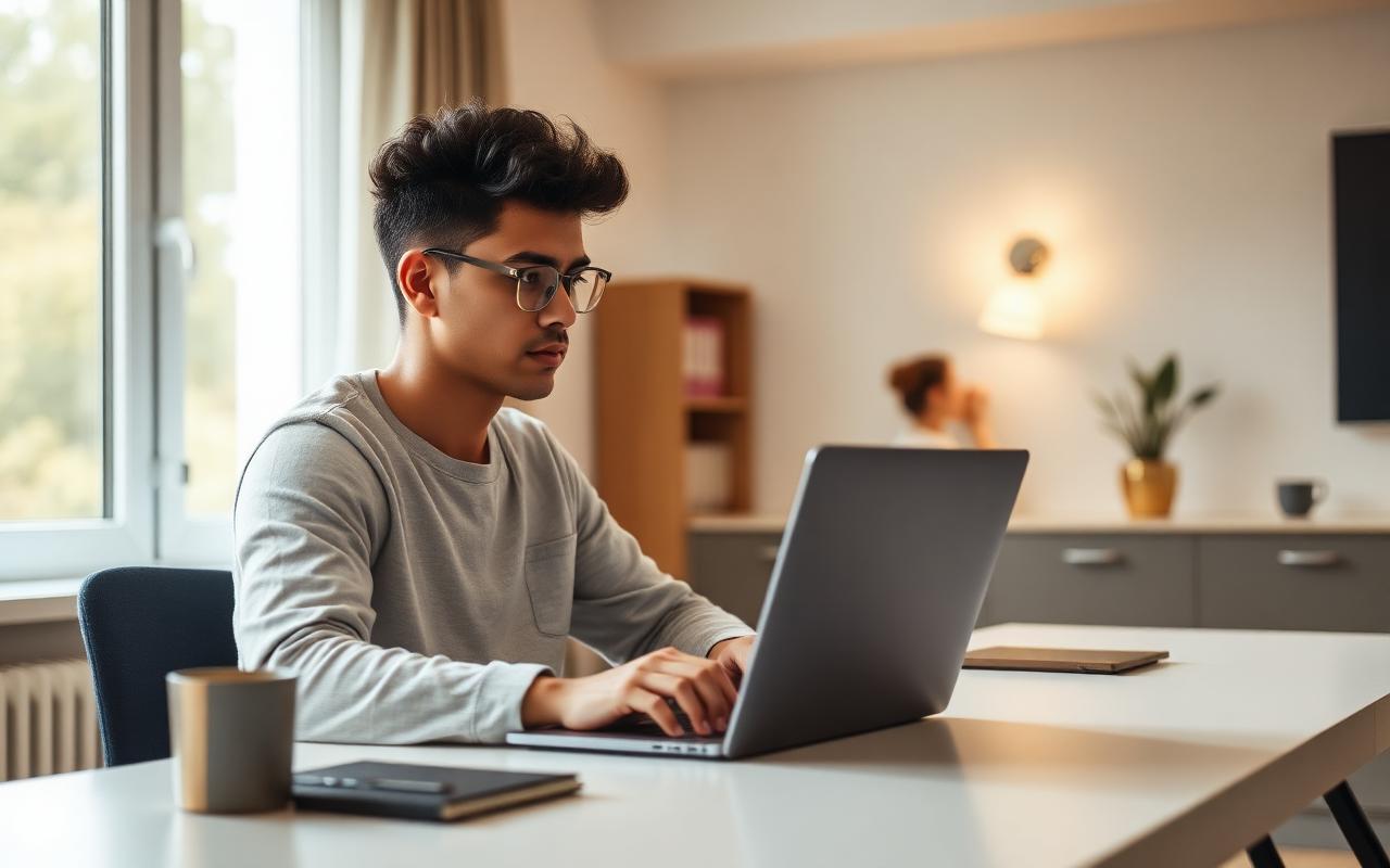 Focused candidate starting Pearson VUE OnVUE check-in on a laptop at a clean home desk.