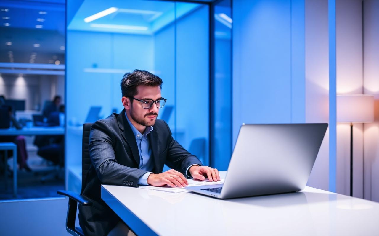 Professional in a modern office taking a PeopleCert online examination.