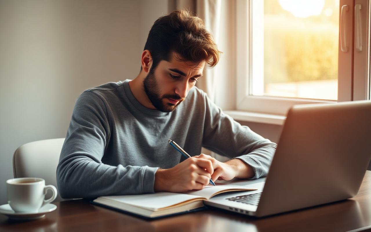 Reflective student writing a new structured study plan next to a laptop and coffee in warm morning light.