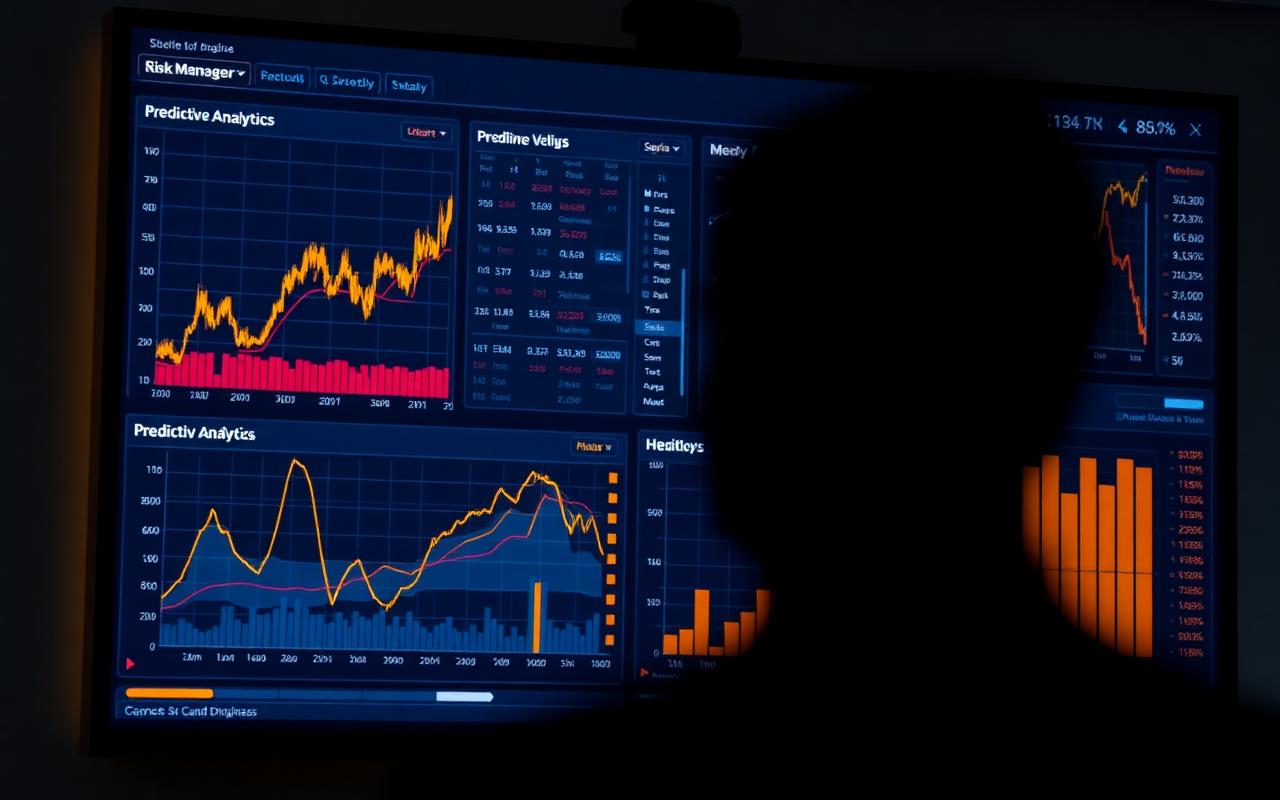 Risk management dashboard displaying heatmaps and predictive analytics.