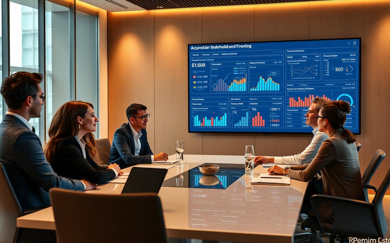 Corporate meeting with a large screen showing AI-generated stakeholder analytics and forecasts.